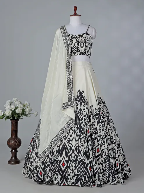 Black and white printed crepe silk lehenga choli