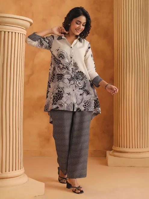 black and white printed silk palazzo co ord set