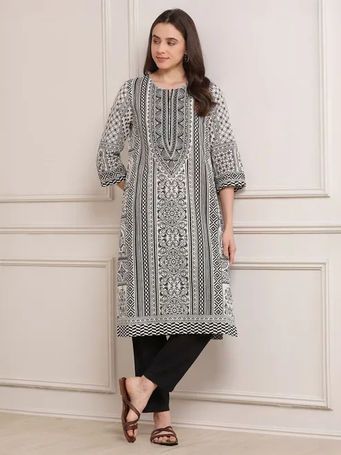 Black and white printed straight cut casual kurti