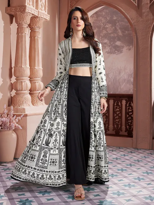 Black and white silk long jacket style palazzo suit