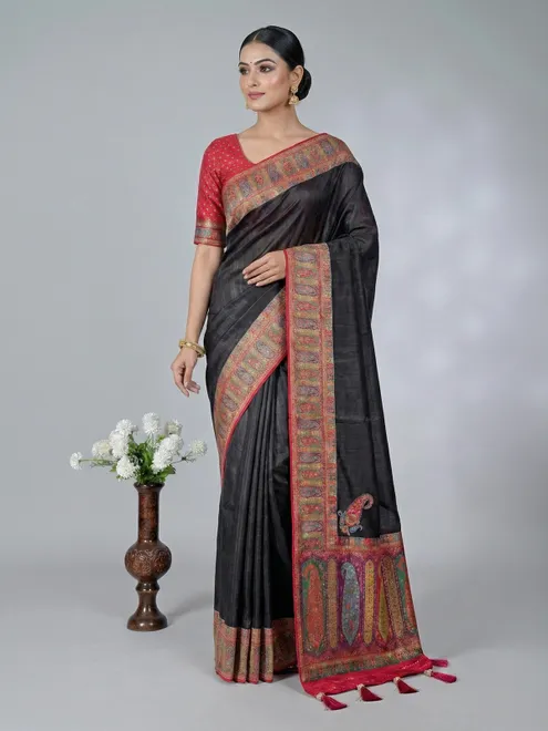 Black art pasmina silk embroidered saree with unstitched blouse