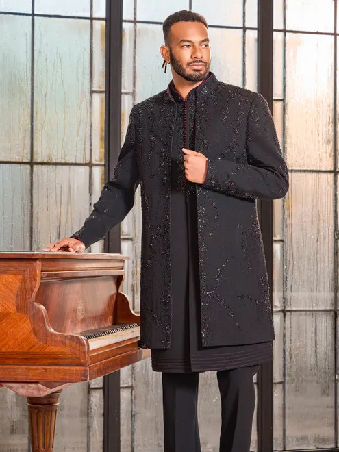 Black art silk beaded stone work indo western jacket