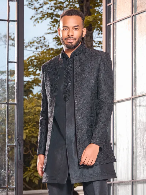 Black art silk cutdana embroidered indo western jacket