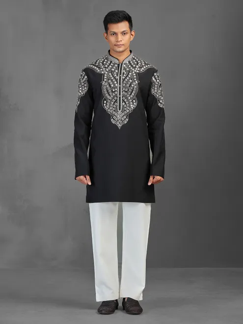 Black art silk kurta suit for a charming wedding look