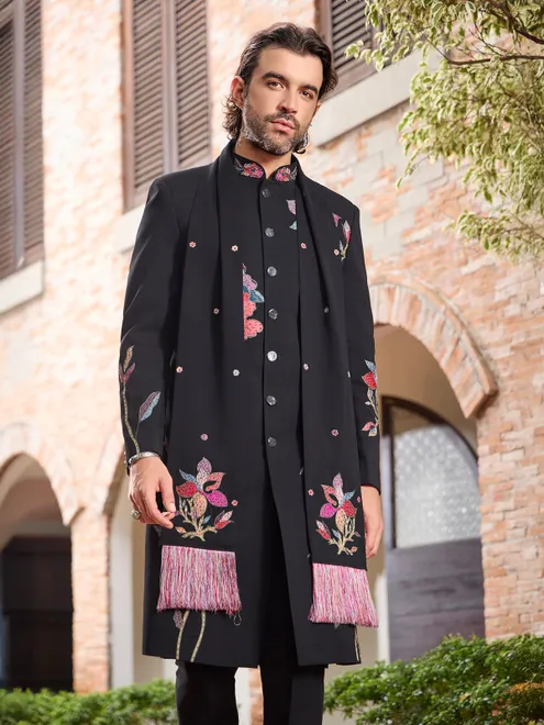 Black art silk stone work indo western with dupatta