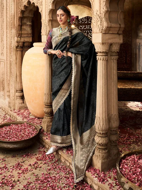 Black banarasi silk saree with attractive border