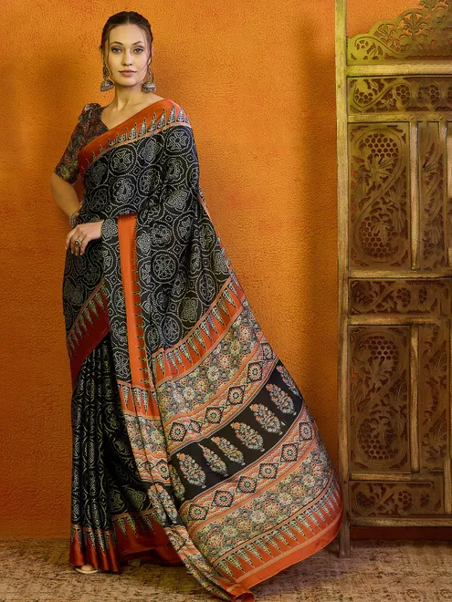 Black bhagalpuri silk saree in printed for women
