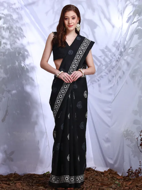 Black bhagalpuri silk saree with print for womens wear