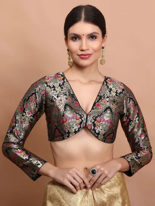 Black brocade V neck ready made blouse for women