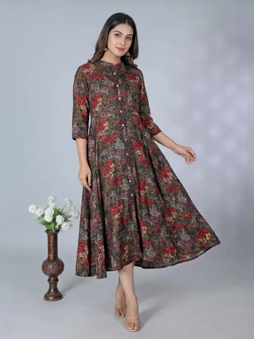 Black casual wear cotton silk kurti with floral print