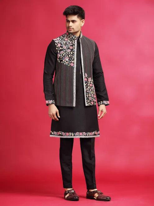 Black charming silk waistcoat set for men