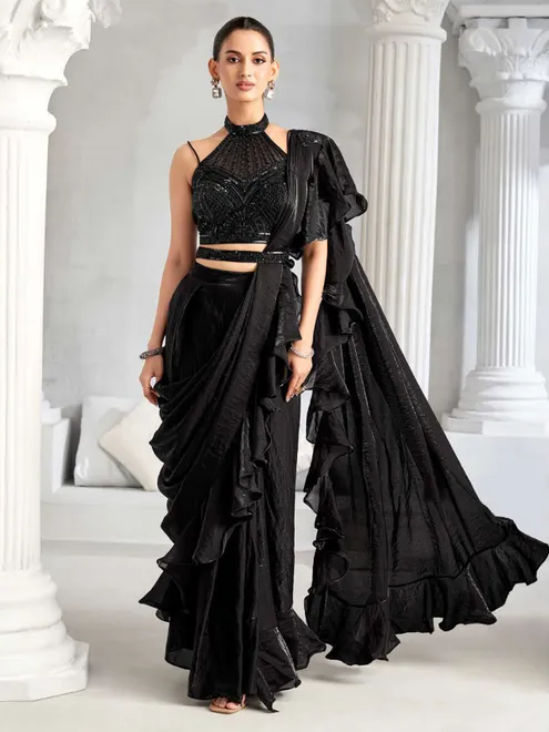 Black chiffon ready to wear saree for party wear