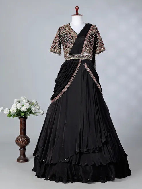 Black chiffon silk designer lehenga choli with dupatta