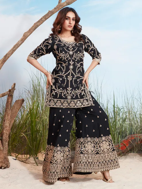 Black chinnon silk embroidered quarter sleeve sharara