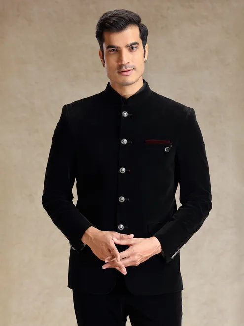 Black classic velvet weaved bandh gala suit