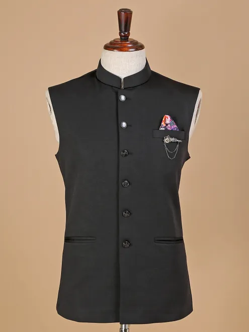 Black classy terry rayon waistcoat for men