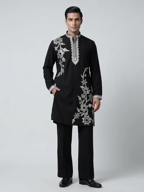 Black cotton embroidered mandarin collar festive kurta suit