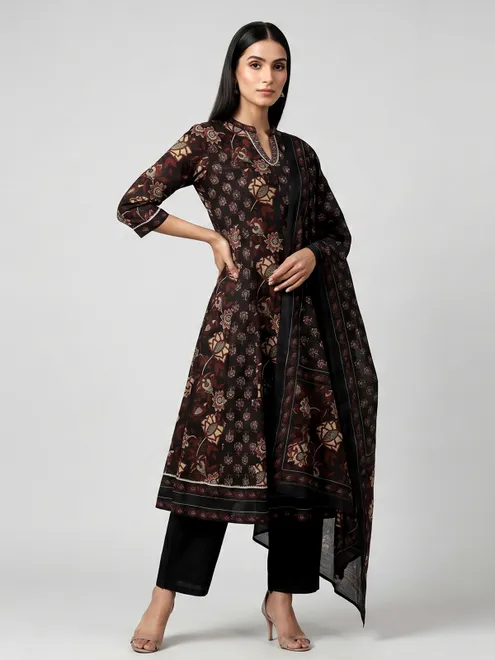 Black cotton kurti set with floral printed elegance