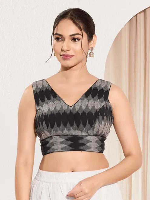 Black cotton ready made blouse in printed
