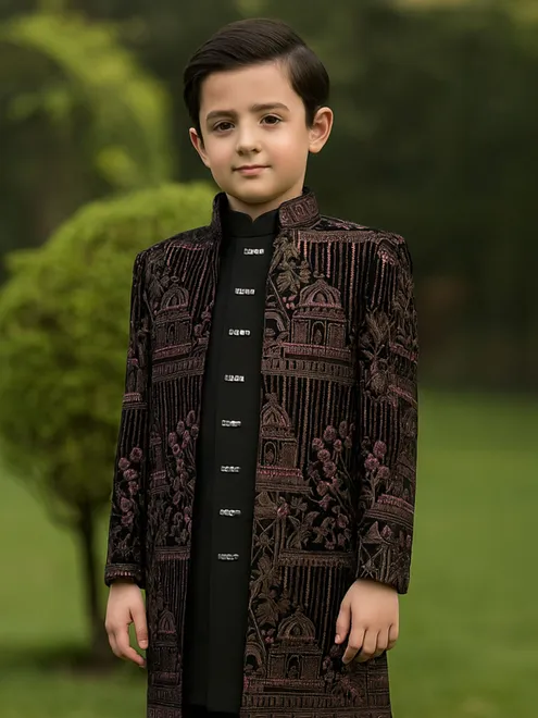 Black cotton silk boys indowestern suit