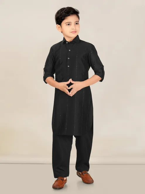 Black cotton silk boys pathani suit festive