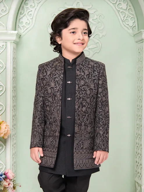 Black cotton silk embroidered indo western set