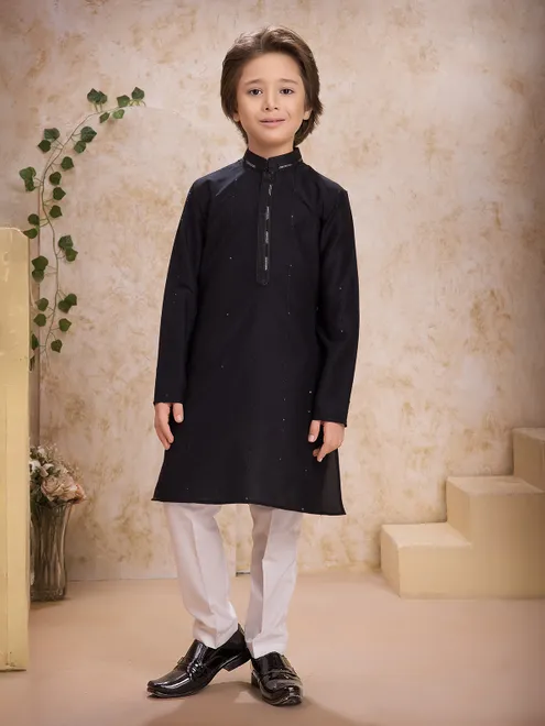 Black cotton silk embroidered kurta suit