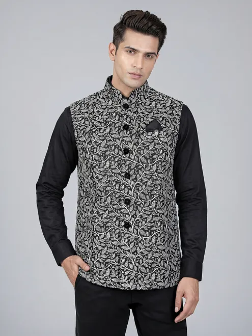 Black cotton silk embroidered waistcoat in regal finish