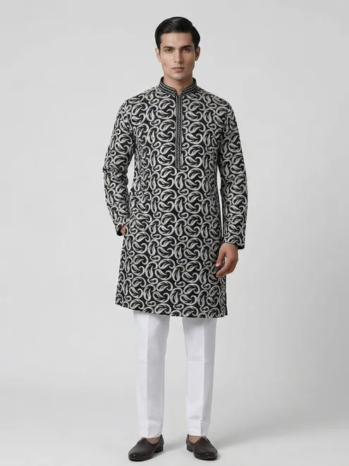 Black cotton silk embroidered work festive kurta suit