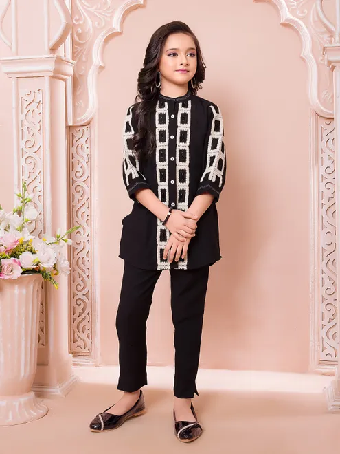 Black cotton silk embroidery pant co-ord set