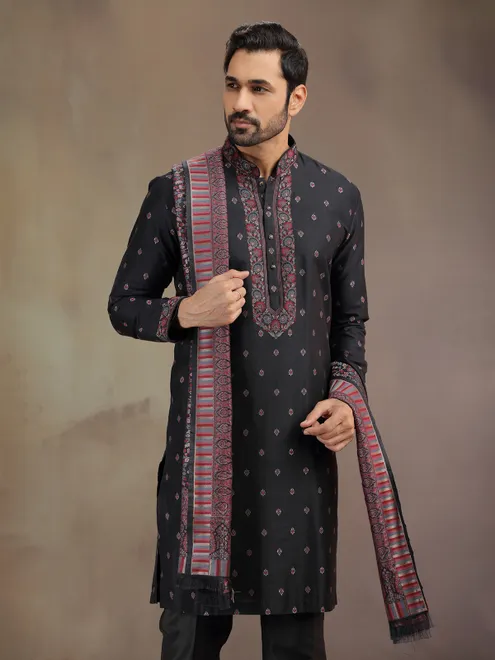 Black cotton silk kurta pajama with thread weving
