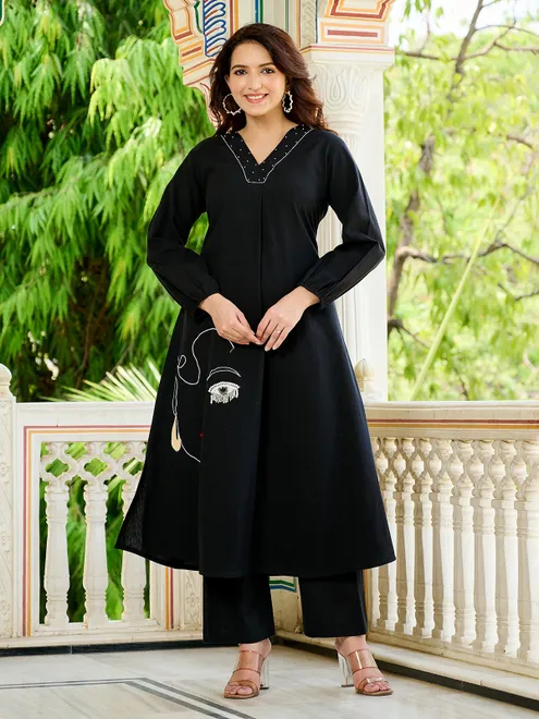 Black cotton silk kurti set for festive days
