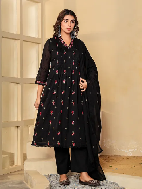 Black cotton silk kurti set with embroidery and sequins