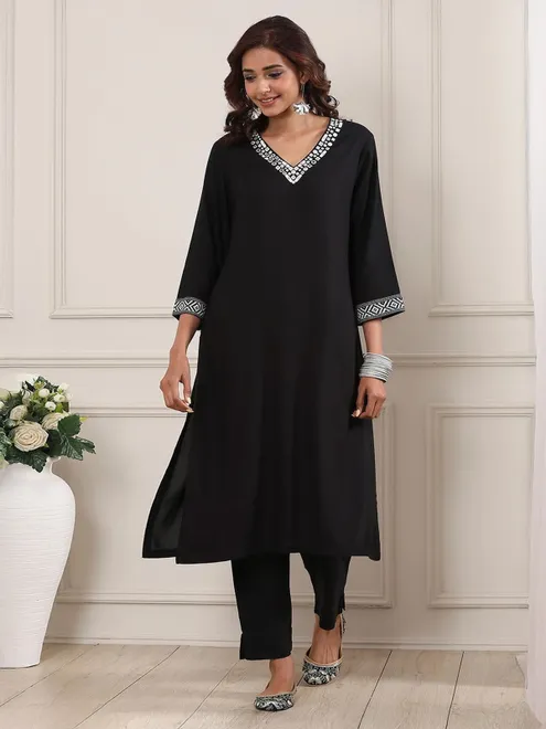 Black cotton silk kurti with aabla work