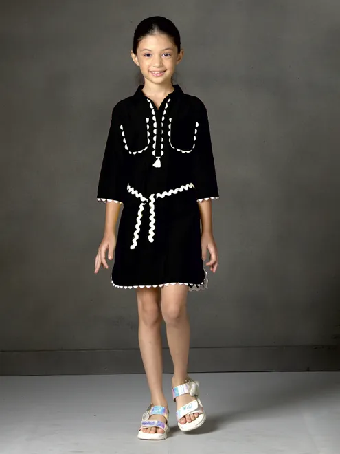 Black cotton silk mini dress with designer belt