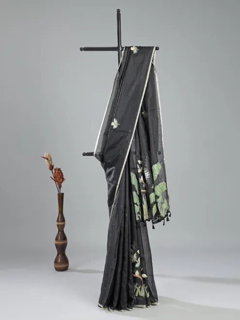 Black cotton silk printed saree for festive flair