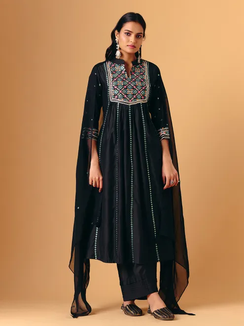 Black cotton silk quarter sleeve pant style suit