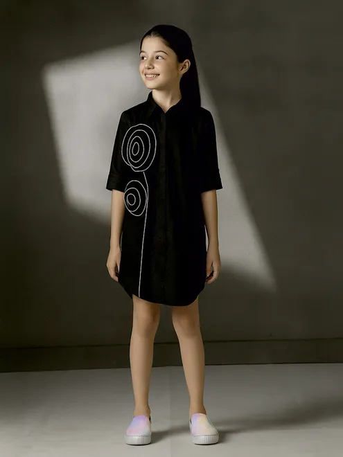 Black cotton silk spiral applique dress