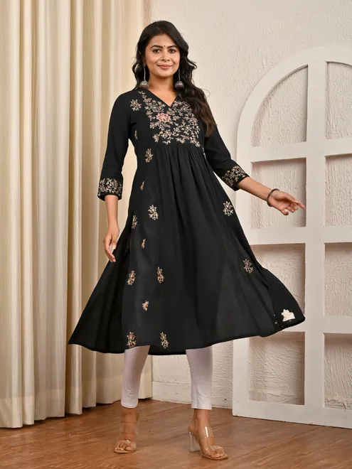 Black cotton silk thread and sequins yoke kurti