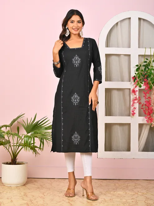 Black cotton silk thread work kurti
