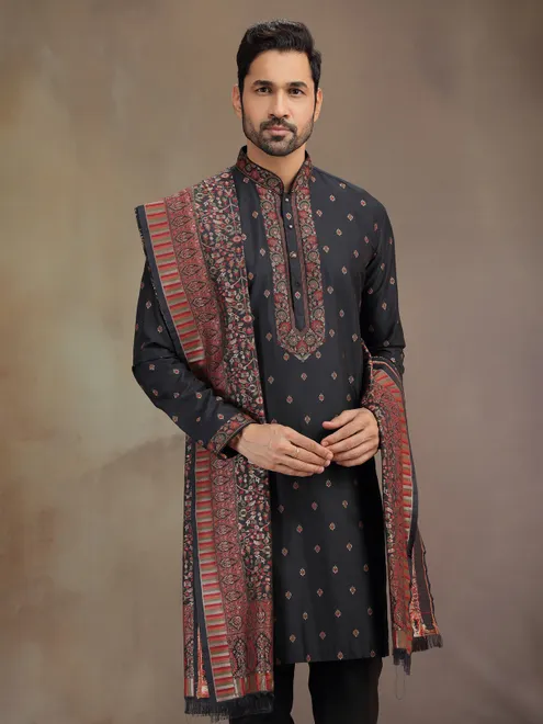 Black cotton silk thread worked kurta pajama