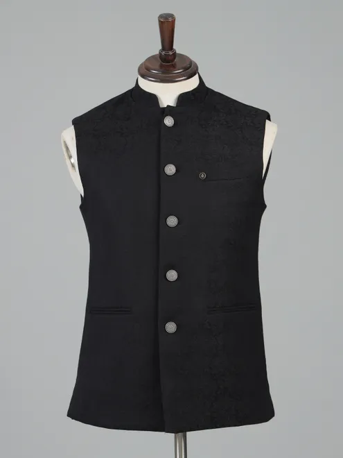 Black cotton silk waistcoat for men