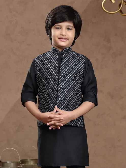 Black cotton silk waistcoat set with embroidery work