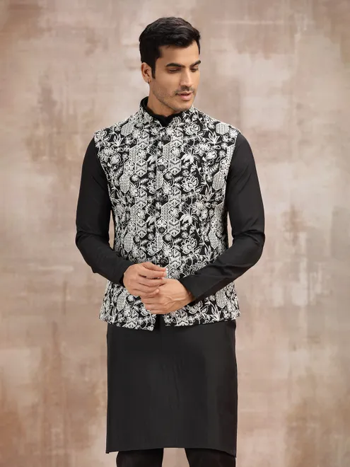 Black cotton silk waistcoat set with resham work for men