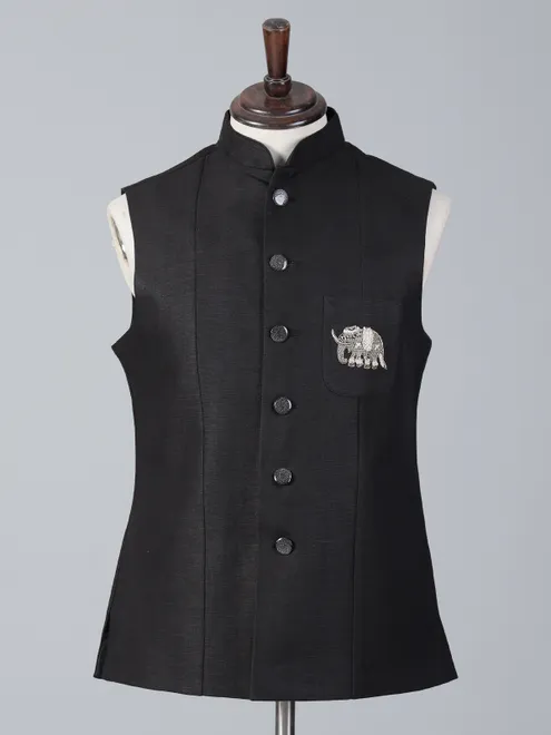Black cotton silk waistcoat with pocket design