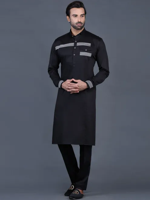 Black cotton solid mens pathani suit for festive