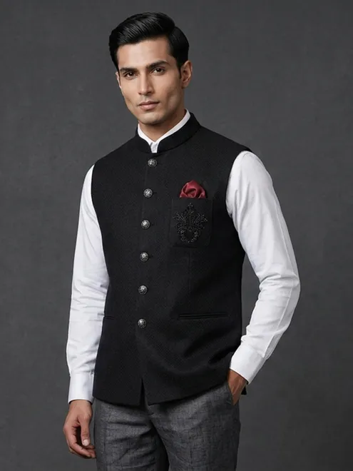 Black cotton textured embellished festive waistcoat