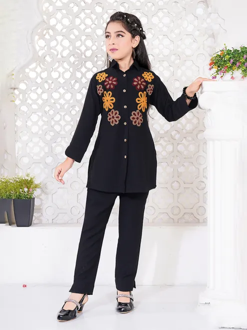 Black cotton tread work full sleeve co-ord set