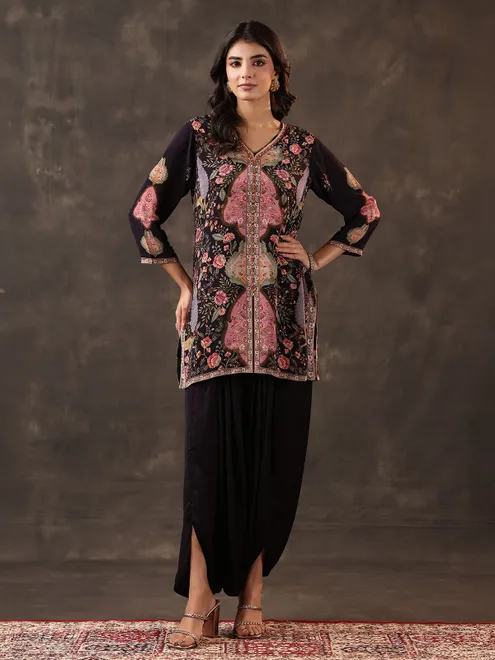 Black crepe silk printed designer dhoti suit