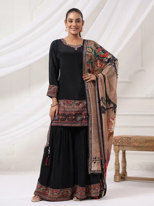 Black crepe silk sharara set with mirror detailing